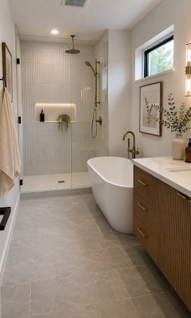 Bathroom with freestanding bath, walk-in shower and fluted oak vanity
