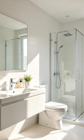 Bright white bathroom with glass shower enclosure