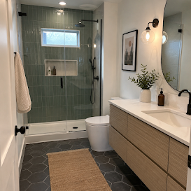 Bathroom with green tiled shower and timber vanity