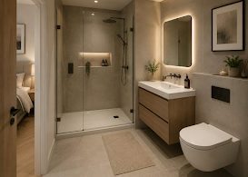 Bathroom with beige stone tiles, oak floating vanity and black shower fixtures