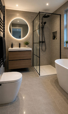 Bathroom with illuminated round mirror and black framed shower