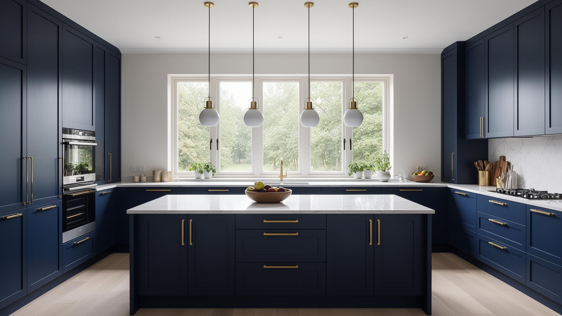Modern fitted kitchen with marble island